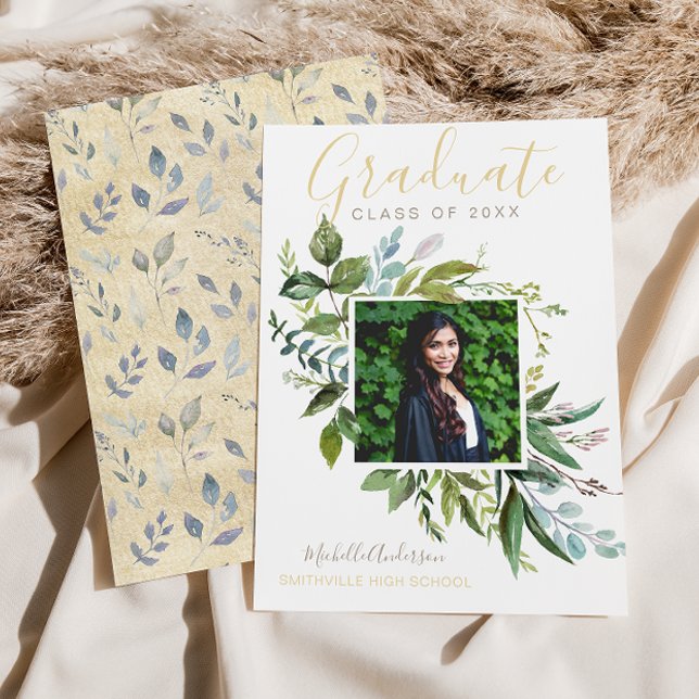Watercolor Greenery Eucalyptus Gold Photo Grad Announcement (Creator Uploaded)