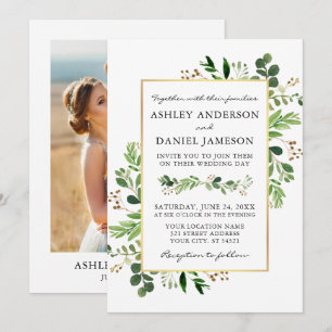Watercolor Greenery Eucalyptus Gold Photo Wedding Invitation