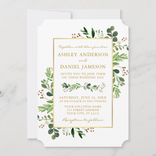 Watercolor Greenery Eucalyptus Gold Wedding Invitation (Front)