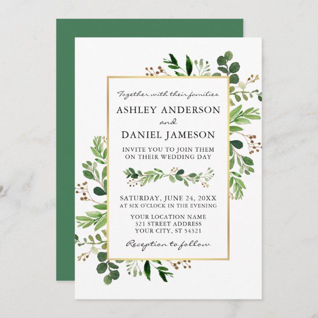 Watercolor Greenery Eucalyptus Gold Wedding Invitation (Front/Back)