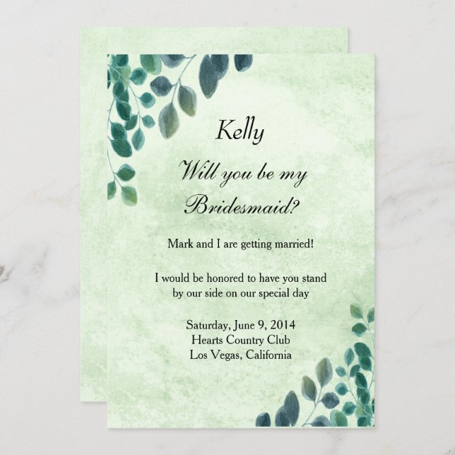 Watercolor Greenery Eucalyptus Leaves Bridesmaid Invitation (Front/Back)