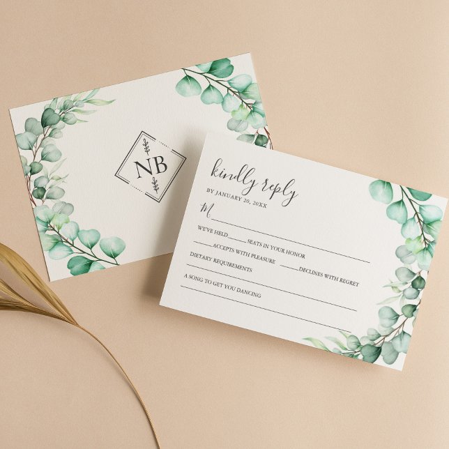 Watercolor Greenery Eucalyptus Leaves Wedding RSVP Card (Creator Uploaded)