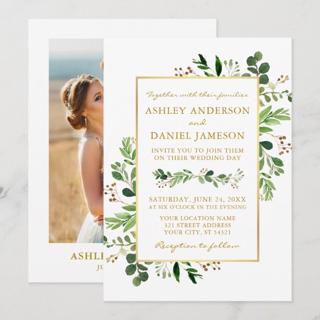 Watercolor Greenery Eucalyptus Photo Gold Wedding Invitation (Front/Back)