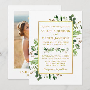 Watercolor Greenery Eucalyptus Photo Gold Wedding Invitation