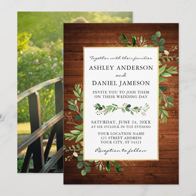 Watercolor Greenery Eucalyptus Photo Wood Wedding Invitation (Front/Back)