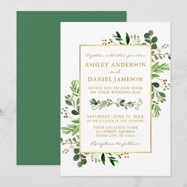 Watercolor Greenery Eucalyptus Wedding Gold Invitation (Front/Back)