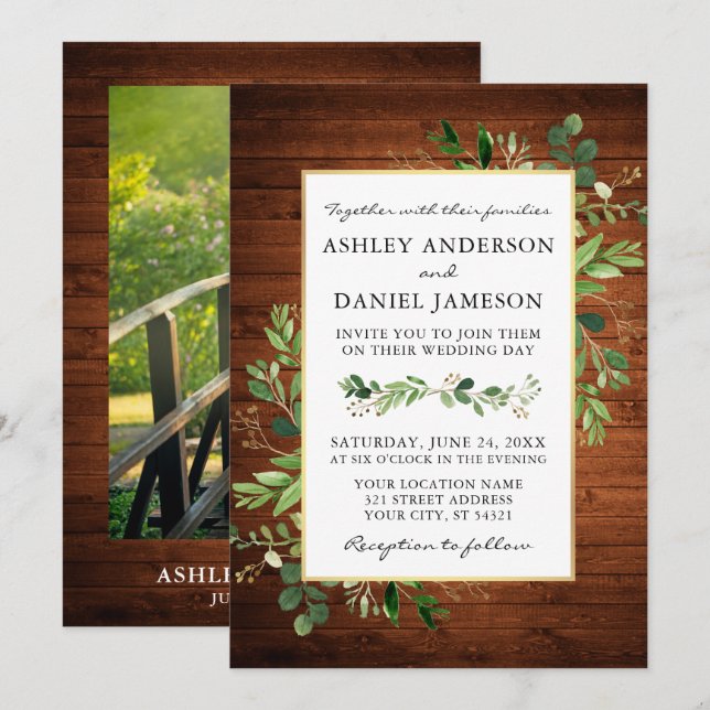 Watercolor Greenery Eucalyptus Wood Photo Wedding Invitation (Front/Back)