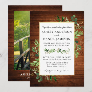 Watercolor Greenery Eucalyptus Wood Photo Wedding Invitation