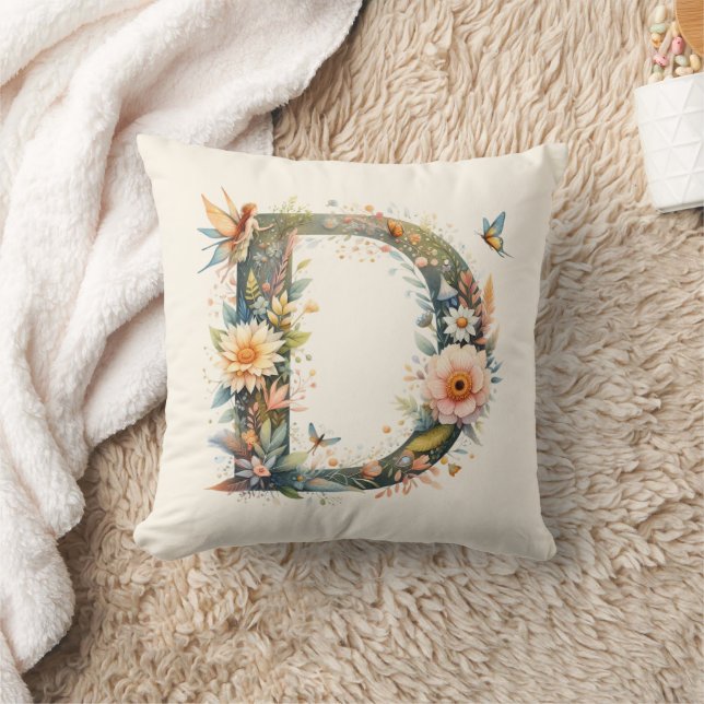 Watercolor Greenery Fairies Monogram Letter D Cushion (Blanket)