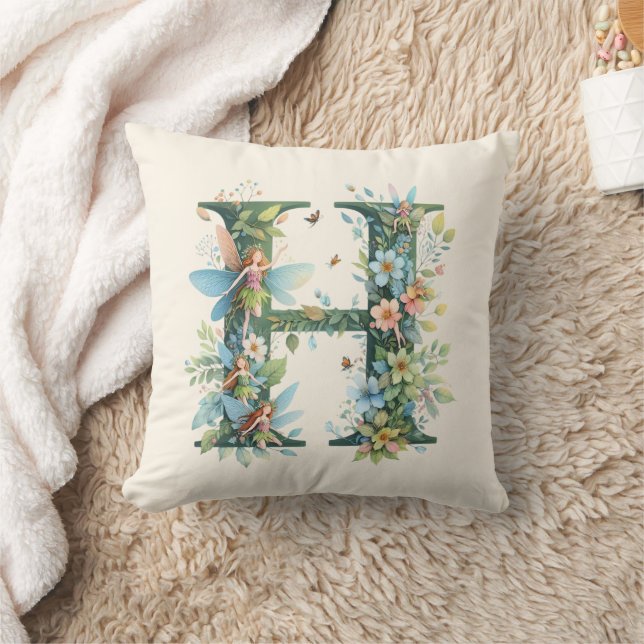 Watercolor Greenery Fairies Monogram Letter H Cushion (Blanket)