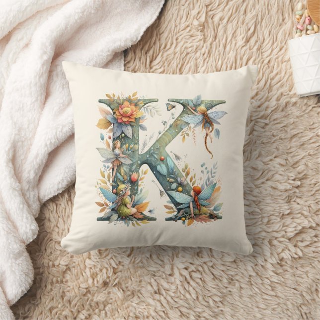 Watercolor Greenery Fairies Monogram Letter K Cushion (Blanket)