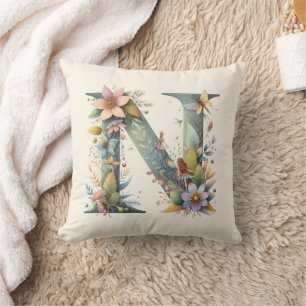 Watercolor Greenery Fairies Monogram Letter N Cushion