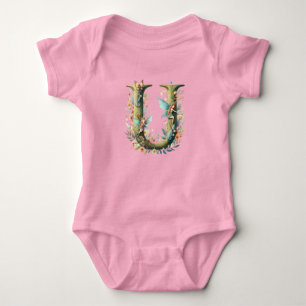 Watercolor Greenery Fairies Monogram Letter U Baby Bodysuit