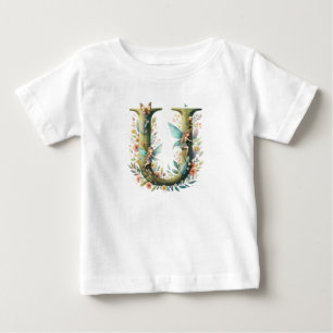 Watercolor Greenery Fairies Monogram Letter U Baby T-Shirt