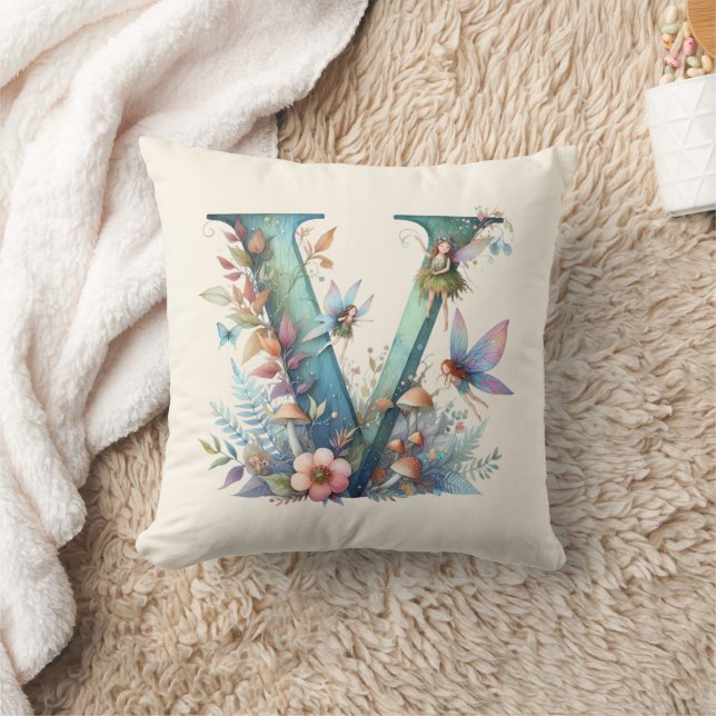 Watercolor Greenery Fairies Monogram Letter V Cushion (Blanket)