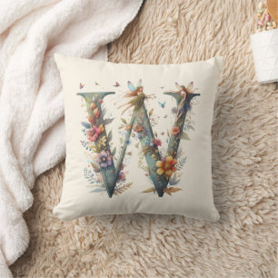 Watercolor Greenery Fairies Monogram Letter W Cushion