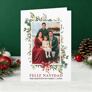 Watercolor Greenery Feliz Navidad Red Bow Fold Holiday Card