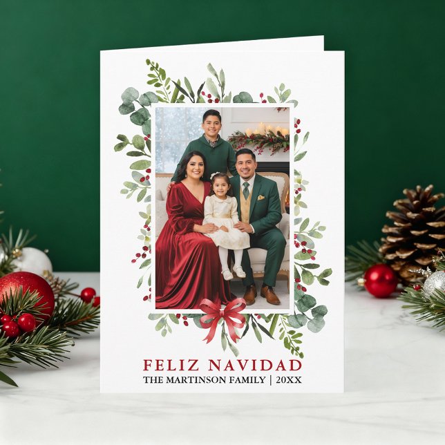 Watercolor Greenery Feliz Navidad Red Bow Fold Holiday Card (Customize to add text to inside of card.)
