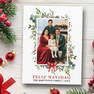 Watercolor Greenery Feliz Navidad Red Bow Postcard