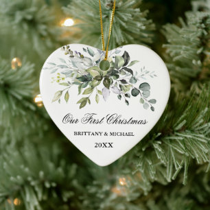 Watercolor Greenery First Christmas Heart Ceramic Tree Decoration