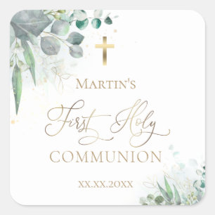 watercolor greenery   First Communion Square Sticker