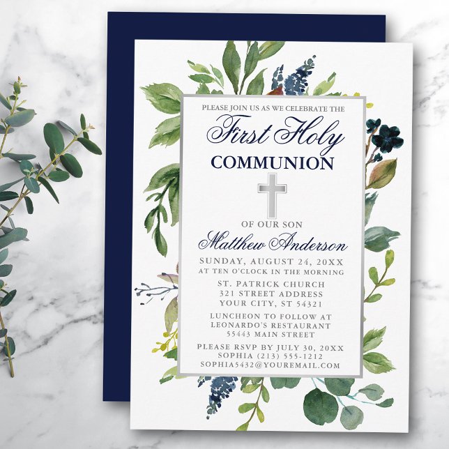 Watercolor Greenery First Holy Communion Blue Invitation (Customize to change text color,  size, style or to change color of back of card.)