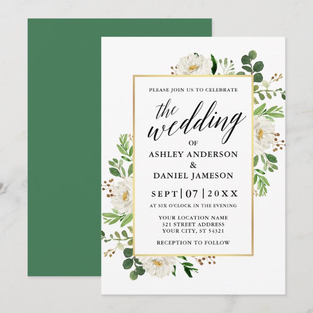 Watercolor Greenery Floral Calligraphy Wedding Invitation (Front/Back)