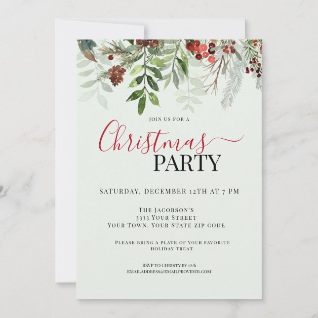 Watercolor Greenery Floral Christmas Holiday Party Invitation (Front)