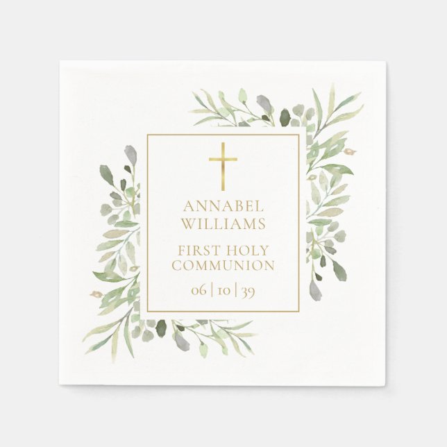 Watercolor Greenery Floral First Holy Communion Napkin (Front)
