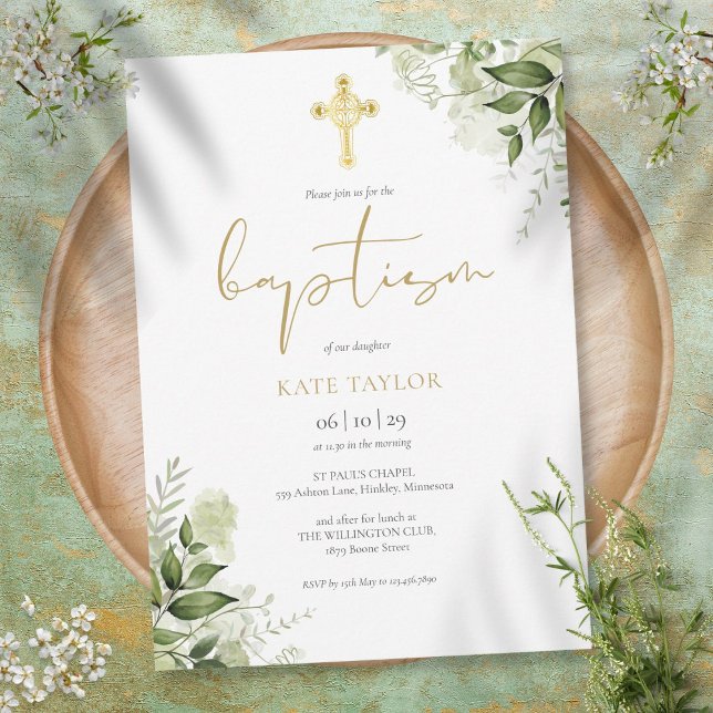 Watercolor Greenery Floral Foliage Gold Baptism Invitation (Creator Uploaded)