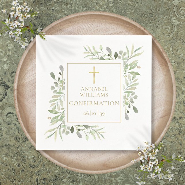 Watercolor Greenery Floral Gold Confirmation Napkin (Watercolor Greenery Floral Gold Confirmation Napkins)