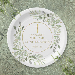Watercolor Greenery Floral Gold Confirmation Paper Plate