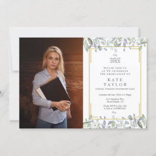 Watercolor Greenery Floral Graduation Party Photo Invitation