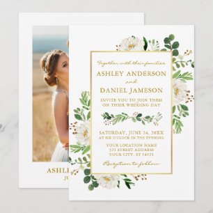 Watercolor Greenery Floral Photo Wedding Gold Invitation