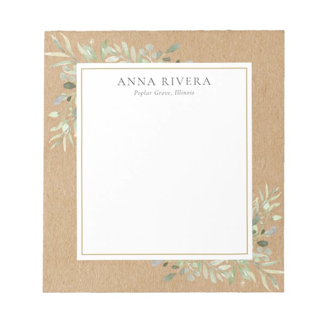 Watercolor Greenery Floral Rustic Kraft Boho Notepad (Front)