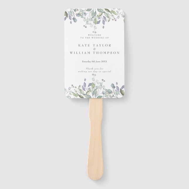 Watercolor Greenery Floral Wedding Program Hand Fan (Front)