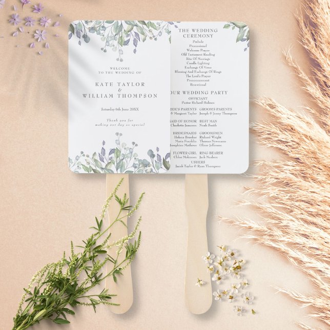 Watercolor Greenery Floral Wedding Program Hand Fan (Creator Uploaded)