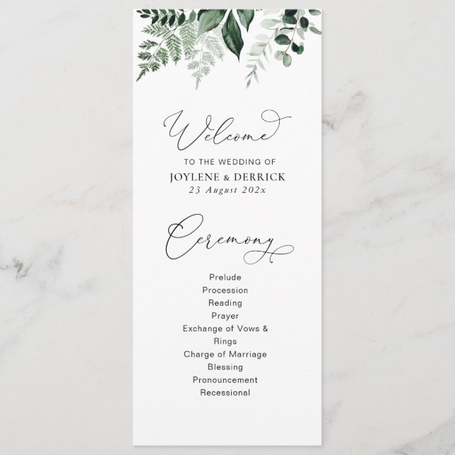 watercolor greenery floral wedding program programme (Front)