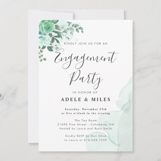 Watercolor Greenery Flowers Engagement Party Invitation (Front)