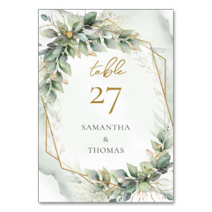 Watercolor greenery foliage and gold table number