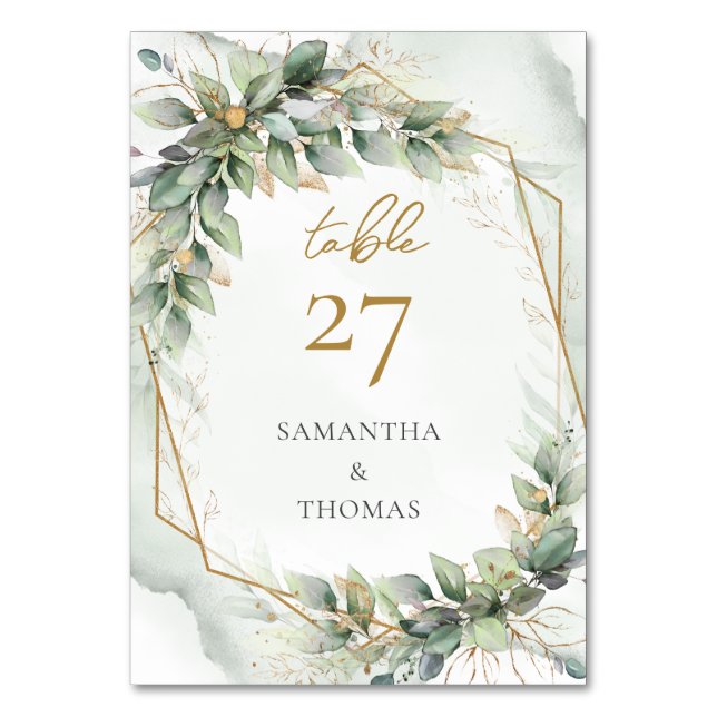 Watercolor greenery foliage and gold table number (Front)
