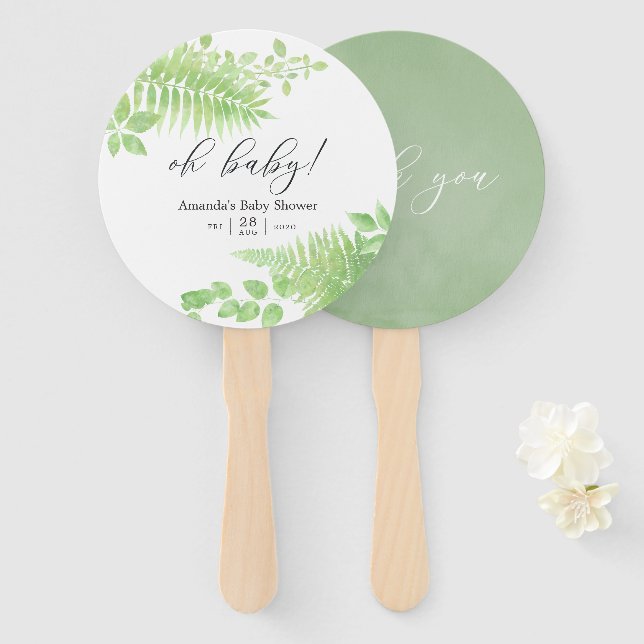 Watercolor Greenery Foliage Baby Shower Favour Hand Fan (Front and Back)