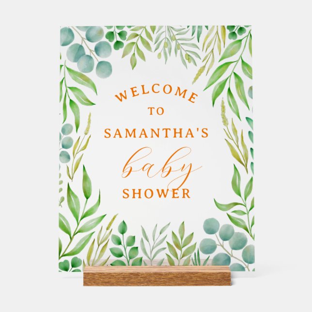 Watercolor Greenery Foliage Baby Shower Welcome Acrylic Sign (Front)
