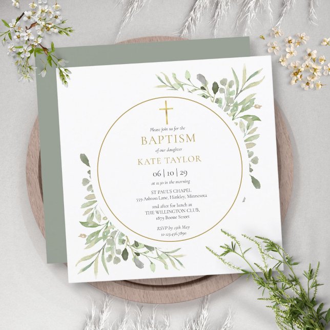 Watercolor Greenery Foliage Baptism Christening Invitation (Creator Uploaded)