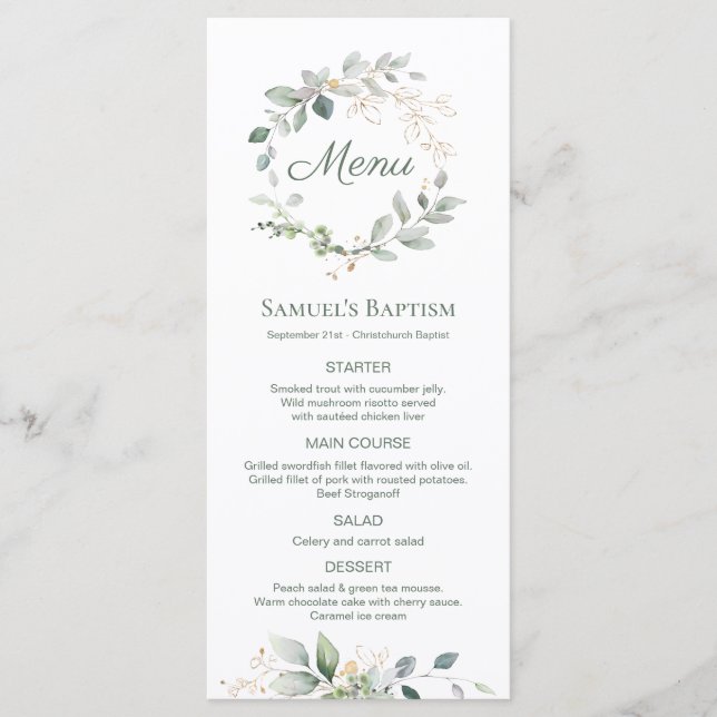 Watercolor Greenery Foliage Baptism Menu (Front)
