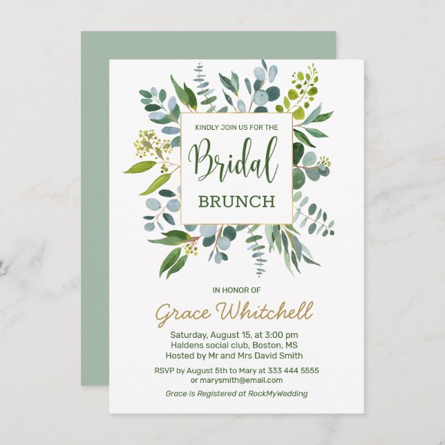 Watercolor greenery foliage Bridal Brunch Invitation (Front/Back)