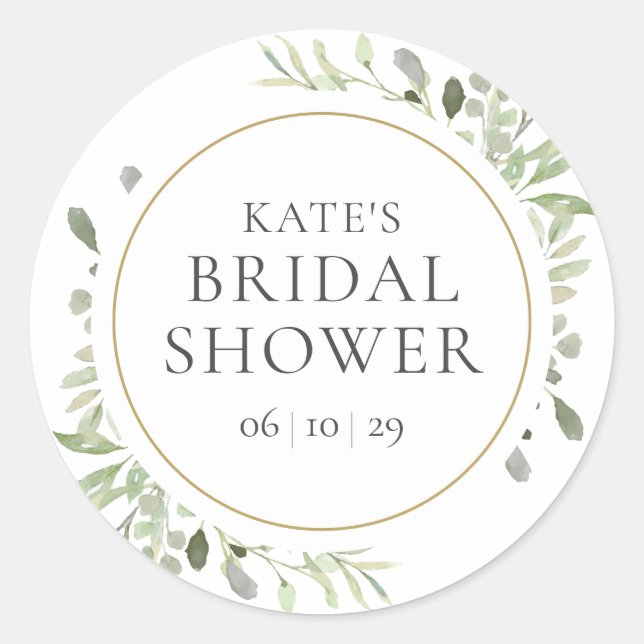 Watercolor Greenery Foliage Bridal Shower Classic Round Sticker (Front)