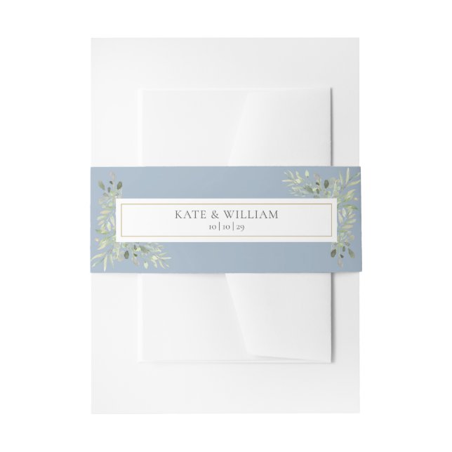 Watercolor Greenery Foliage Dusty Blue Wedding Invitation Belly Band (Front Example)