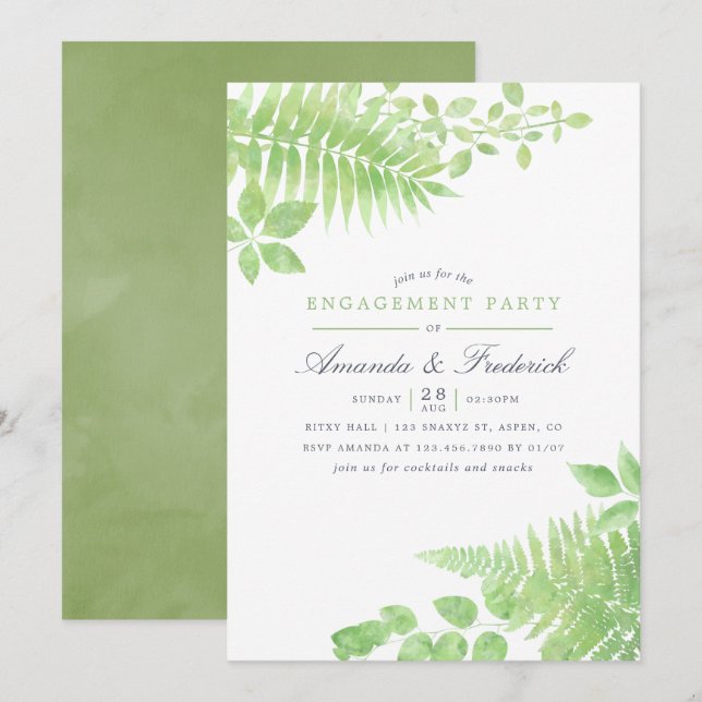 Watercolor Greenery Foliage Engagement Party Invitation (Front/Back)