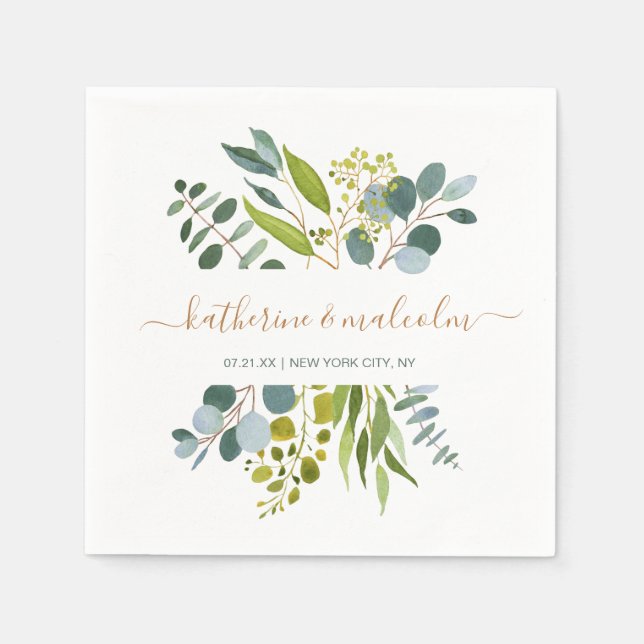 Watercolor greenery foliage, eucalyptus Wedding Napkin (Front)